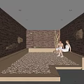 Natural Modern Bathroom With Rock Textured Walls Pebble Floor Wooden Frame And Geometric Decor