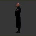 Bald Man In Black Leather Coat With Sunglasses And Arms Outstretched On Gray Background