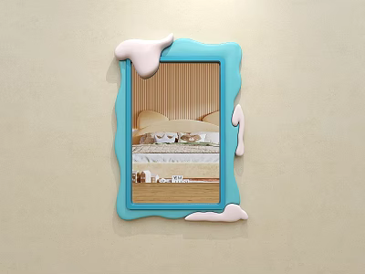 Blue Frame Mirror With Melted Cream Effect Reflecting Bed Pillows And Quilt On Beige Wall 3d model