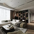 Modern Living and Dining Room Interior With White Sofa Coffee Table TV Fireplace Dining Table