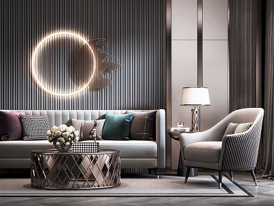 Elegant Modern Sofa and Coffee Table Set with Decorative Pillows Accent Chair and Circular Light 3d model