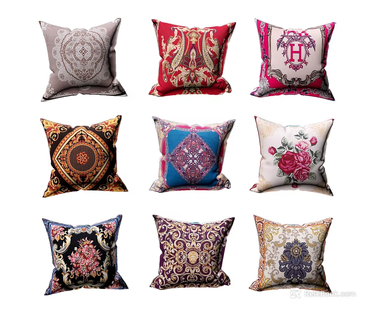 Decorative Throw Pillows With Various Patterns Floral Designs And Vibrant Colors 3d model