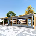Public Transport Bus Stop Modern Covered Structure with Billboards Bicycle Parking and Trees