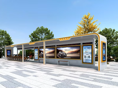 Public Transport Bus Stop Modern Covered Structure with Billboards Bicycle Parking and Trees 3d model