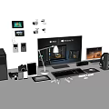 Modern Desktop PC Setup with Monitor Laptop and Peripheral Devices Including Keyboard Mouse and Headphones