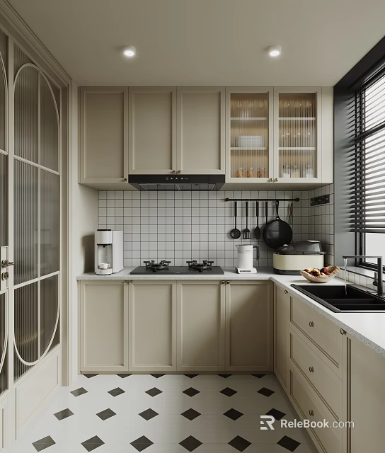 Modern Kitchen Interior With Light Colored Cabinets Tile Backsplash Range Hood Coffee Maker And Sink 3d model