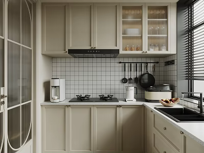 Modern Kitchen Interior With Light Colored Cabinets Tile Backsplash Range Hood Coffee Maker And Sink 3d model