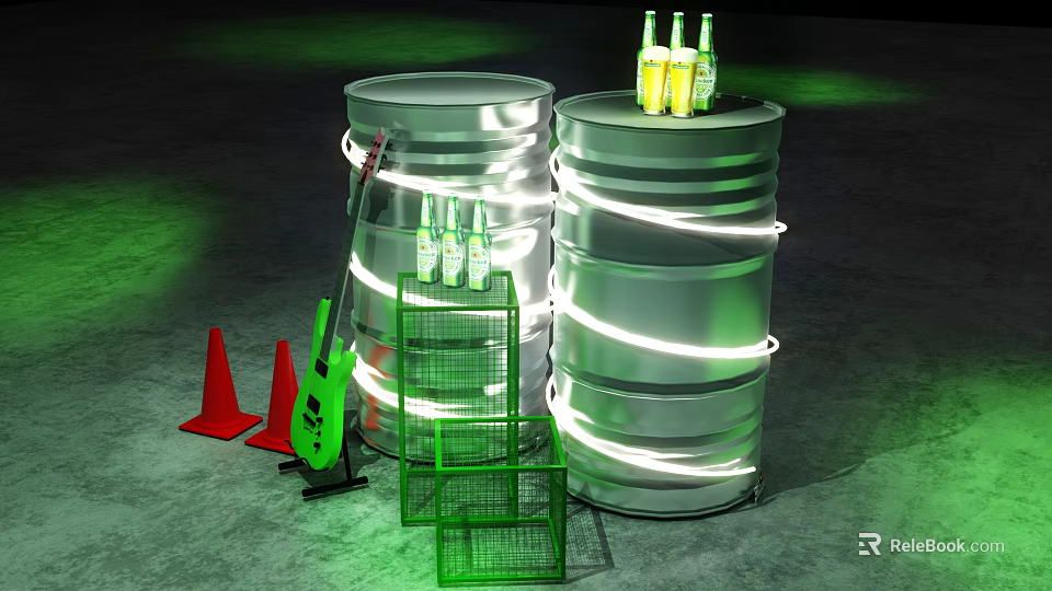 Neon Lit Silver Barrels With Yellow Bottles Green Guitar Red Cones And Metal Racks 3d model 