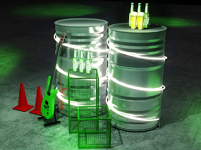 Neon Lit Silver Barrels With Yellow Bottles Green Guitar Red Cones And Metal Racks 3d model