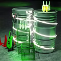 Neon Lit Silver Barrels With Yellow Bottles Green Guitar Red Cones And Metal Racks