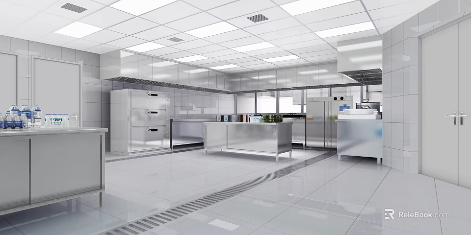 Spacious Commercial Kitchen Interior With Stainless Steel Worktables Bright Lighting And Ventilation System 3d model 