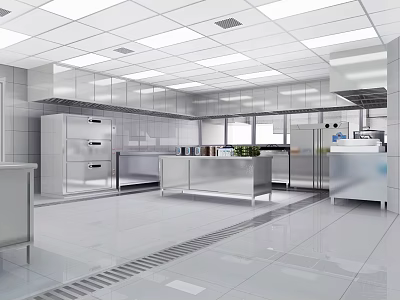 Spacious Commercial Kitchen Interior With Stainless Steel Worktables Bright Lighting And Ventilation System 3d model
