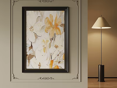 Elegant Floral Painting With Black Frame Floor Lamp And Wall Decor On Wooden Floor 3d model