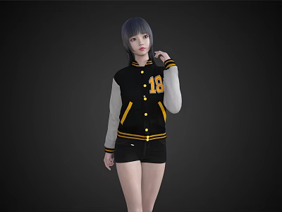 Woman in Black and Yellow Baseball Jacket with Gray Sleeves Number 18 and Black Shorts 3d model
