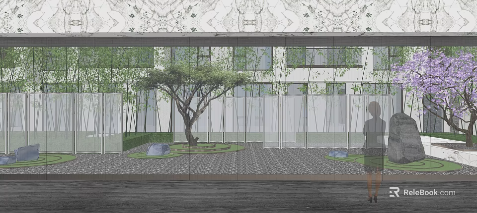 Serene Garden Landscape With Central Tree Bamboo Paved Ground And Stones 3d model 