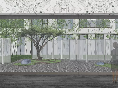 Serene Garden Landscape With Central Tree Bamboo Paved Ground And Stones 3d model