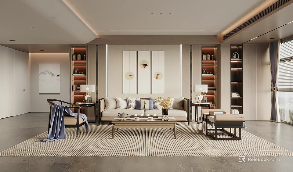 Light Luxury Modern Living Room Interior With Sofa Coffee Table Rug Artwork And Wall Cabinets 3d model 