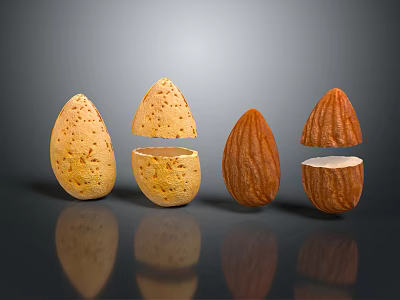 Whole and Split Almonds with Different Colored Shells and Kernels on Black Background with Reflections 3d model