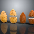 Whole and Split Almonds with Different Colored Shells and Kernels on Black Background with Reflections 3d model