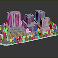 Cartoon City Scene With 3D Model Apartment Buildings Roads Trees And Vehicles