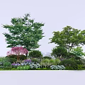 Lush Green Shrubs With Various Trees Purple Flowers And White Blooms