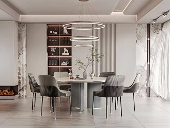 Modern Restaurant Dining Table Dining Chair Green Plant Potted Plant Ornaments Chandelier 3d model