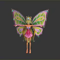 Fairy With Colorful Wings And Peacock Feather Patterns Wearing Crown Pink Dress Long Golden Hair