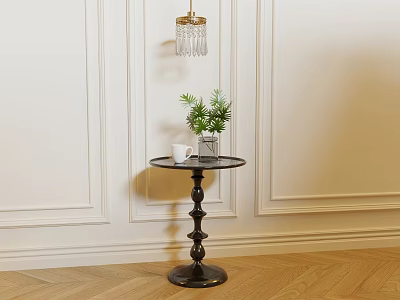 Black Round Side Table With Decorative Pedestal Green Plant And White Mug On Wooden Floor 3d model