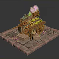 Wooden Fruit Cart Loaded with Fresh Fruits Vegetables and Green Plants on Stone Slab