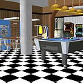Billiard Room With Billiard Table Black And White Checkered Floor Yellow Pendant Light And Poster