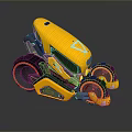Futuristic Yellow Motorcycle With Four Red Rim Wheels And Unique Modern Design