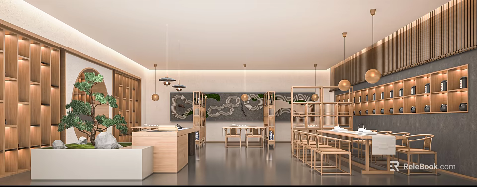 Modern Furniture Store Interior With Open Layout Display Shelves And Pendant Lights 3d model 