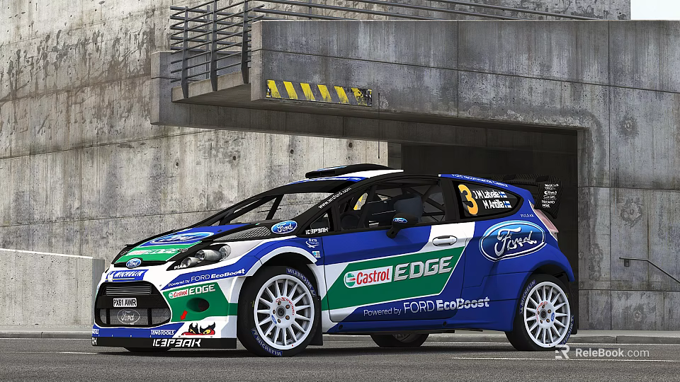 Ford Rally Car With Multiple Sponsor Logos And Racing Design 3d model 