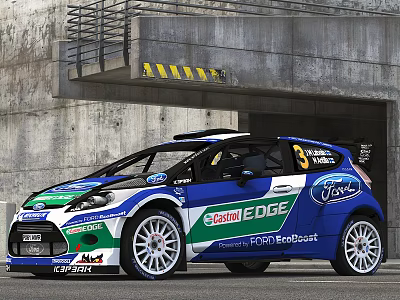 Ford Rally Car With Multiple Sponsor Logos And Racing Design 3d model
