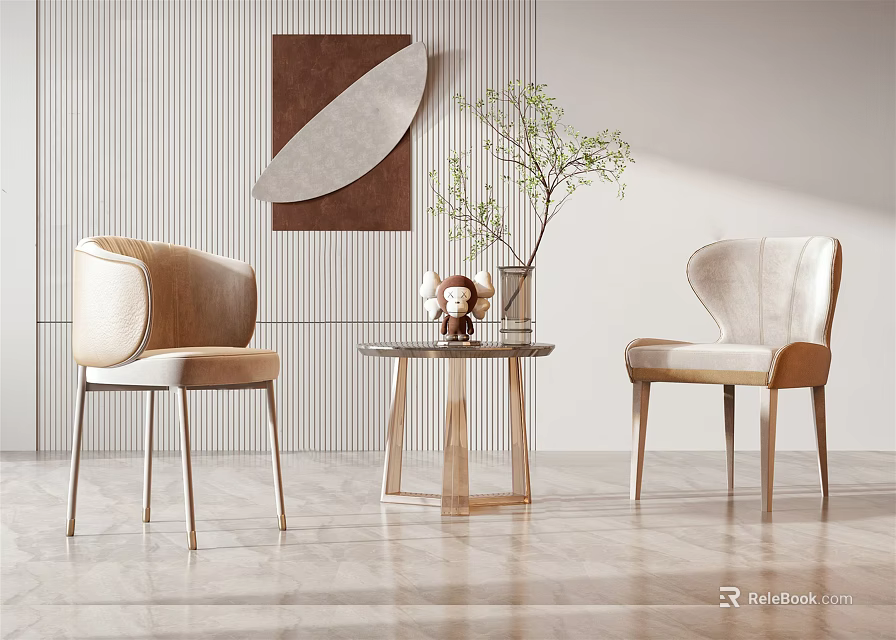 Modern Minimalist Interior With Round Small Table And Beige Chairs Decorative Painting And Green Plant 3d model 