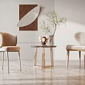 Modern Minimalist Interior With Round Small Table And Beige Chairs Decorative Painting And Green Plant