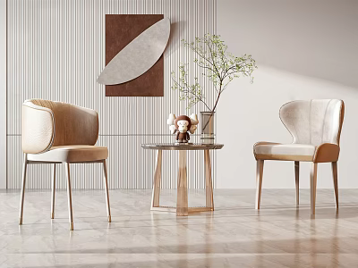 Modern Minimalist Interior With Round Small Table And Beige Chairs Decorative Painting And Green Plant 3d model
