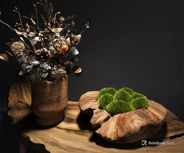 Green Moss Clusters On Wooden Slab With Dried Plants In Wooden Vase 3d model 