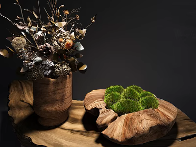 Green Moss Clusters On Wooden Slab With Dried Plants In Wooden Vase 3d model