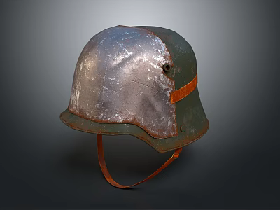 Vintage Green Military Helmet With Metallic Worn Texture And Orange Strap 3d model