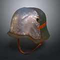 Vintage Green Military Helmet With Metallic Worn Texture And Orange Strap