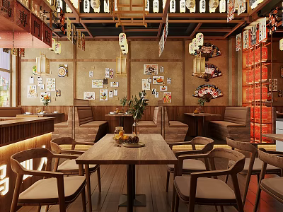 Traditional Japanese Restaurant Interior With Wooden Tables Hanging Lanterns And Wall Art 3d model