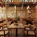 Traditional Japanese Restaurant Interior With Wooden Tables Hanging Lanterns And Wall Art