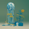 Blue And White Jellyfish Shaped Art Installation With White Threads Yellow Spiral And Blue Cubes