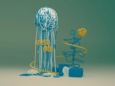 Blue And White Jellyfish Shaped Art Installation With White Threads Yellow Spiral And Blue Cubes 3d model