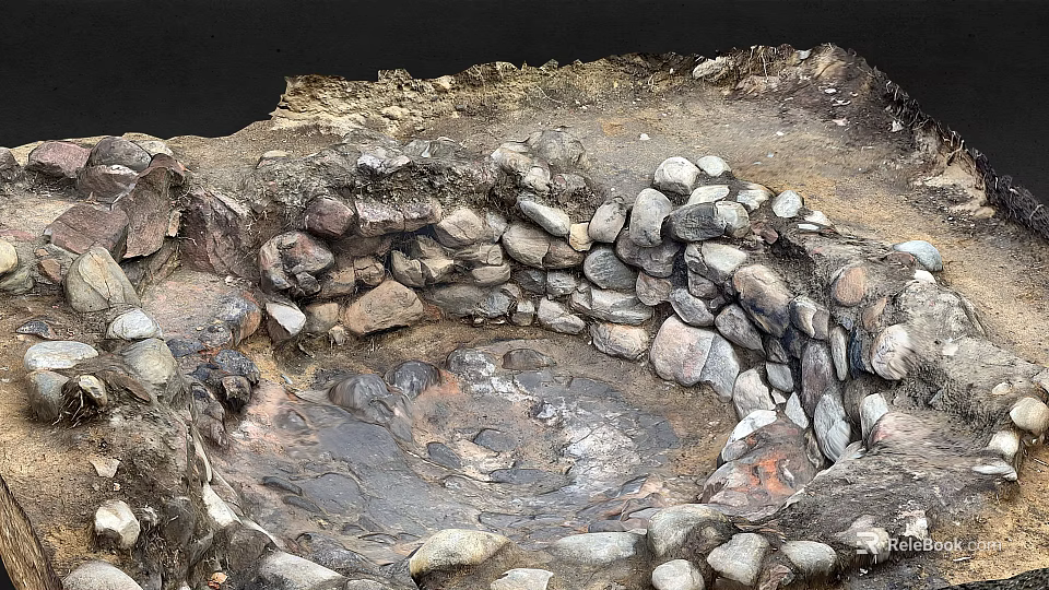 Natural Circular Stone Enclosed Depression With Muddy Ground And Water Puddles 3d model 