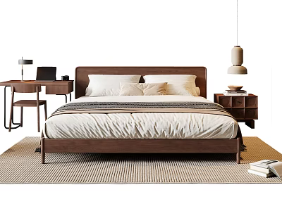 Modern Double Bed Setup with Bedside Table Table Lamp and Desk on Woven Rug 3d model