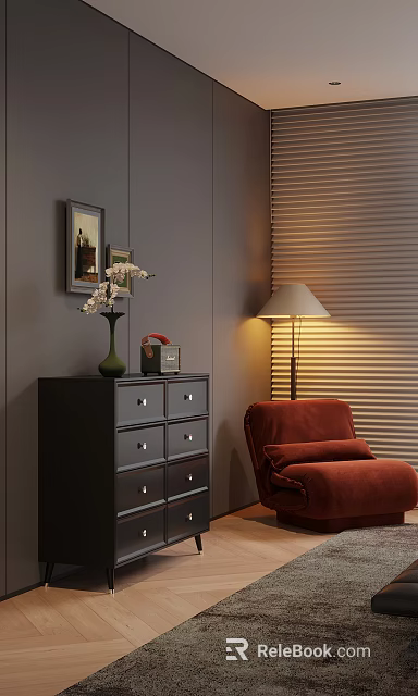 Black Console Cabinet With Green Vase White Flowers Vintage Telephone And Red Armchair 3d model 