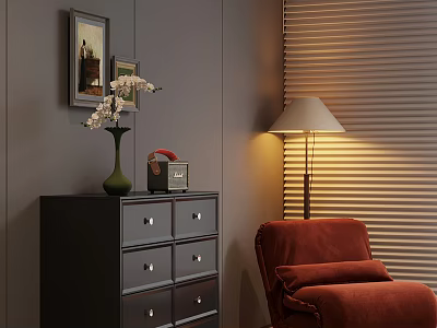 Black Console Cabinet With Green Vase White Flowers Vintage Telephone And Red Armchair 3d model