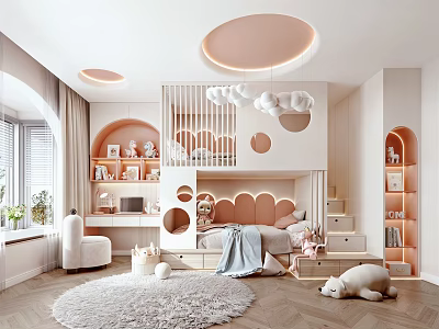 Bright Kids Room Interior With Bunk Bed Cloud Pendant Lights Circular Cutouts And Bookshelves 3d model